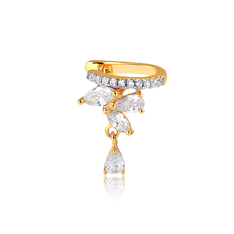 Boucle d'oreille Ear Cuff Dorée avec Zircons et Pampille Goutte
